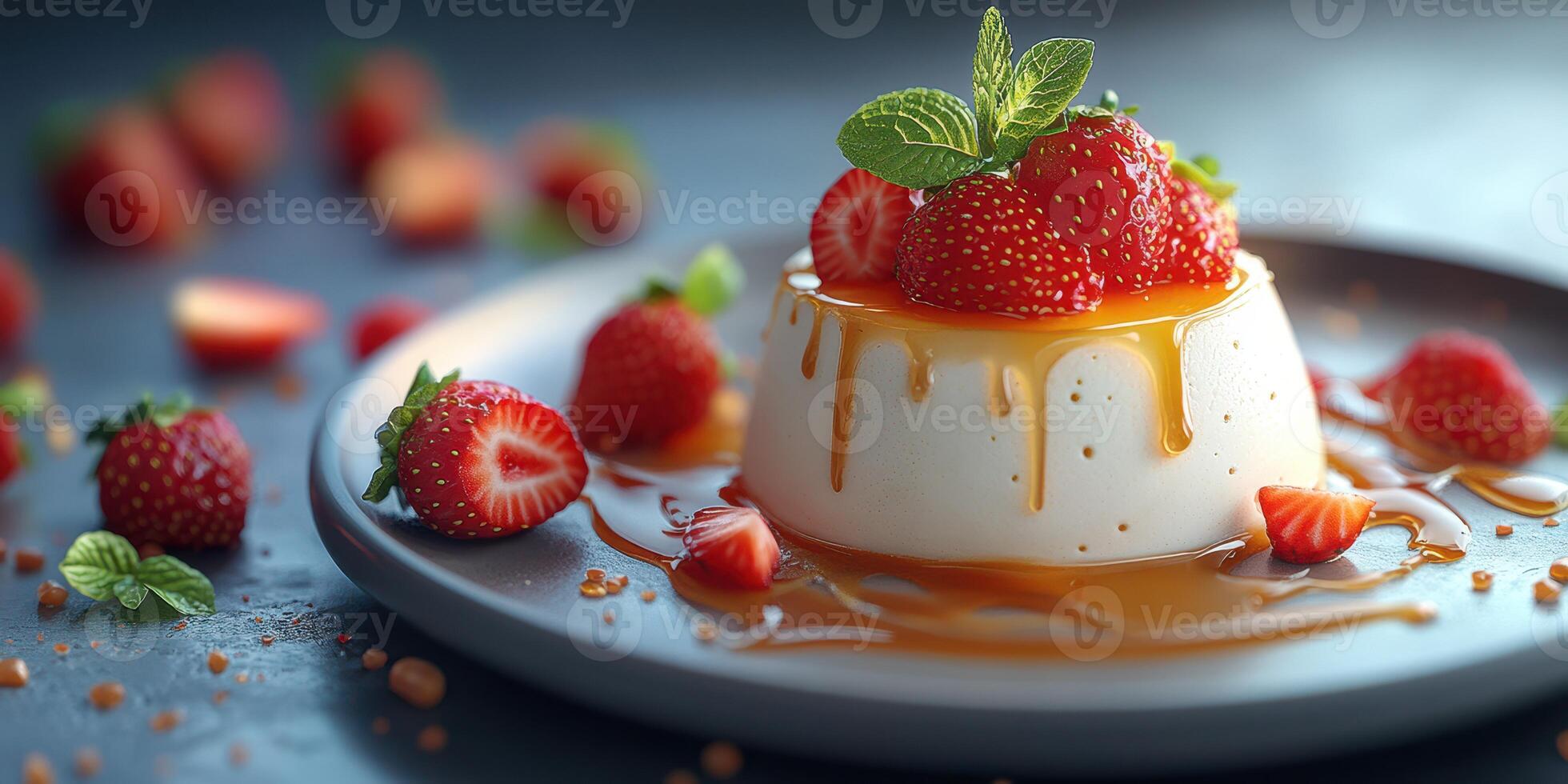 Delicious panna cotta topped with fresh strawberries and caramel sauce garnished with mint leaves photo