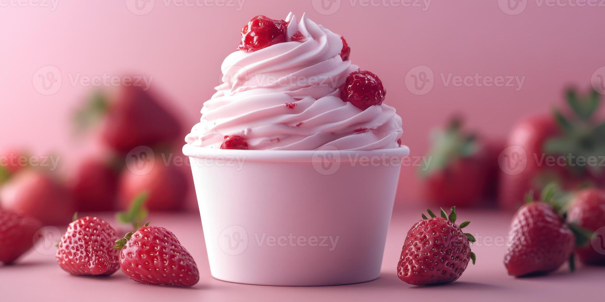 Delicious strawberry swirl soft serve ice cream served in a cup surrounded by fresh strawberries on a pastel backdrop photo