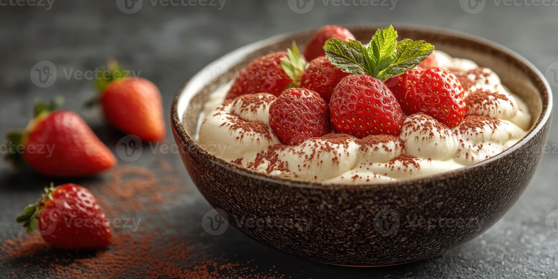 Delicious dessert featuring whipped cream, strawberries, and cocoa powder garnished with fresh mint in a cozy setting photo