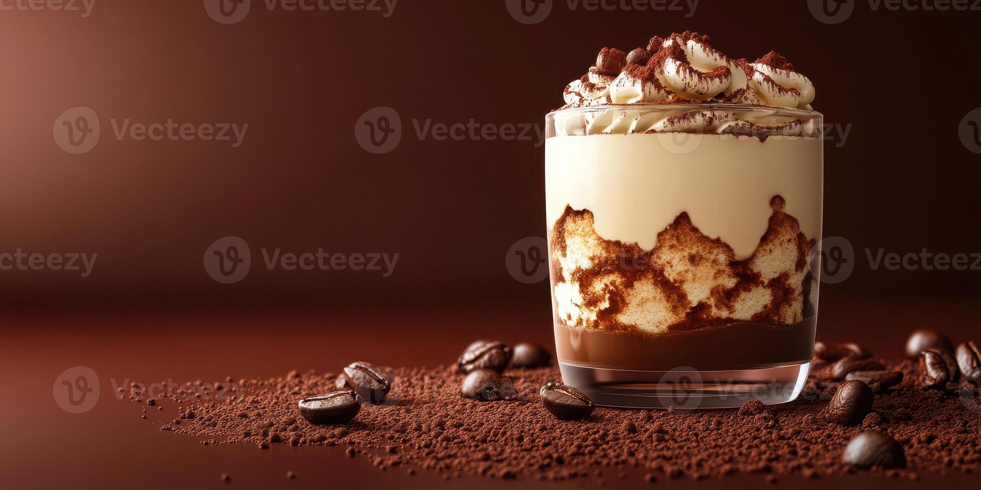 Delicious chocolate dessert layered with cream and coffee beans served on a rustic table photo