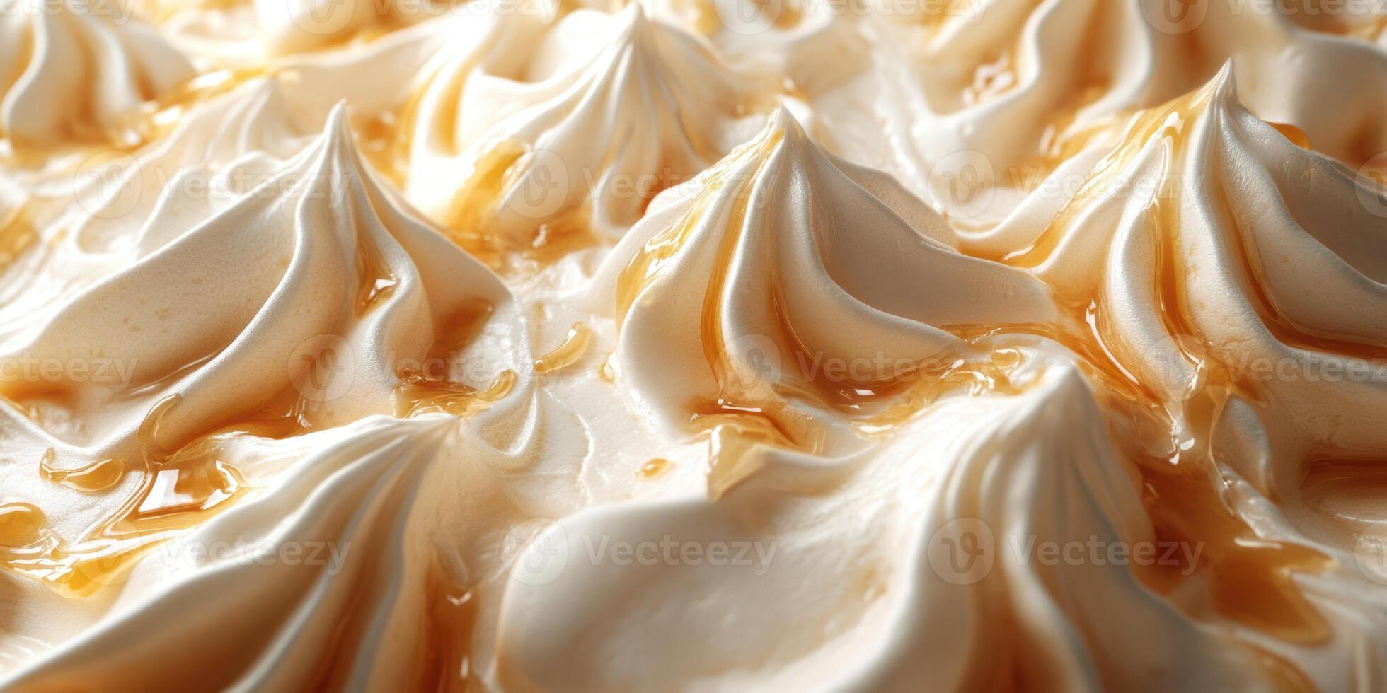 Creamy dessert topped with caramel drizzles highlights intricate meringue peaks in a close-up view during a sunny afternoon photo