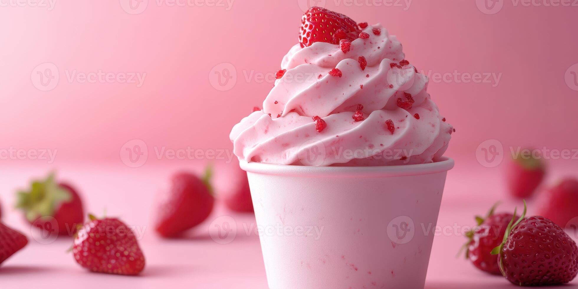 Delicious strawberry soft serve ice cream with fresh berries on a pink background ready to enjoy photo