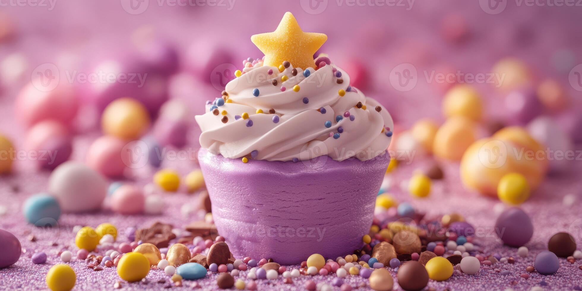 Colorful cupcake with whipped cream and sprinkles on a vibrant backdrop during a cheerful dessert celebration photo