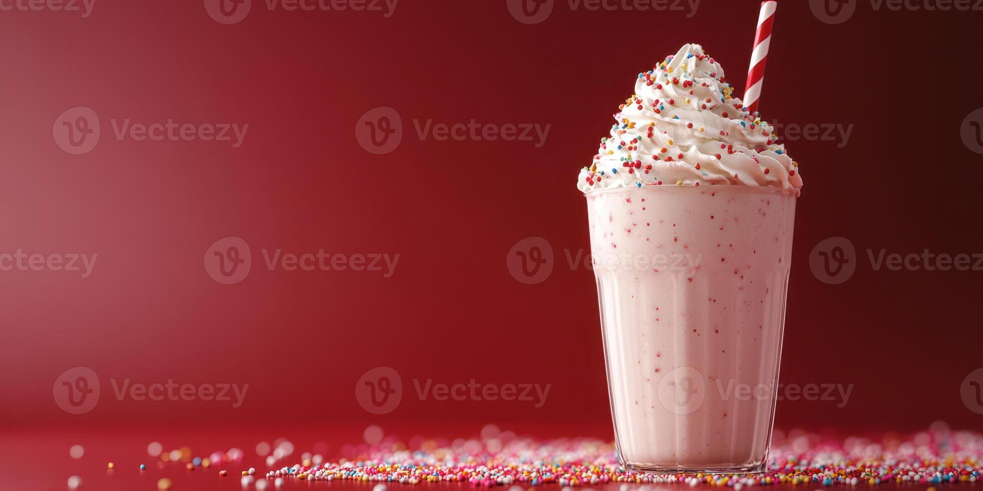 Colorful milkshake topped with whipped cream and sprinkles against a red background photo