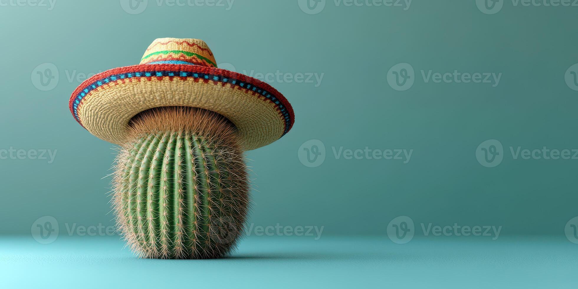 Cactus wearing a sombrero in a minimalist setting with teal background and soft lighting photo