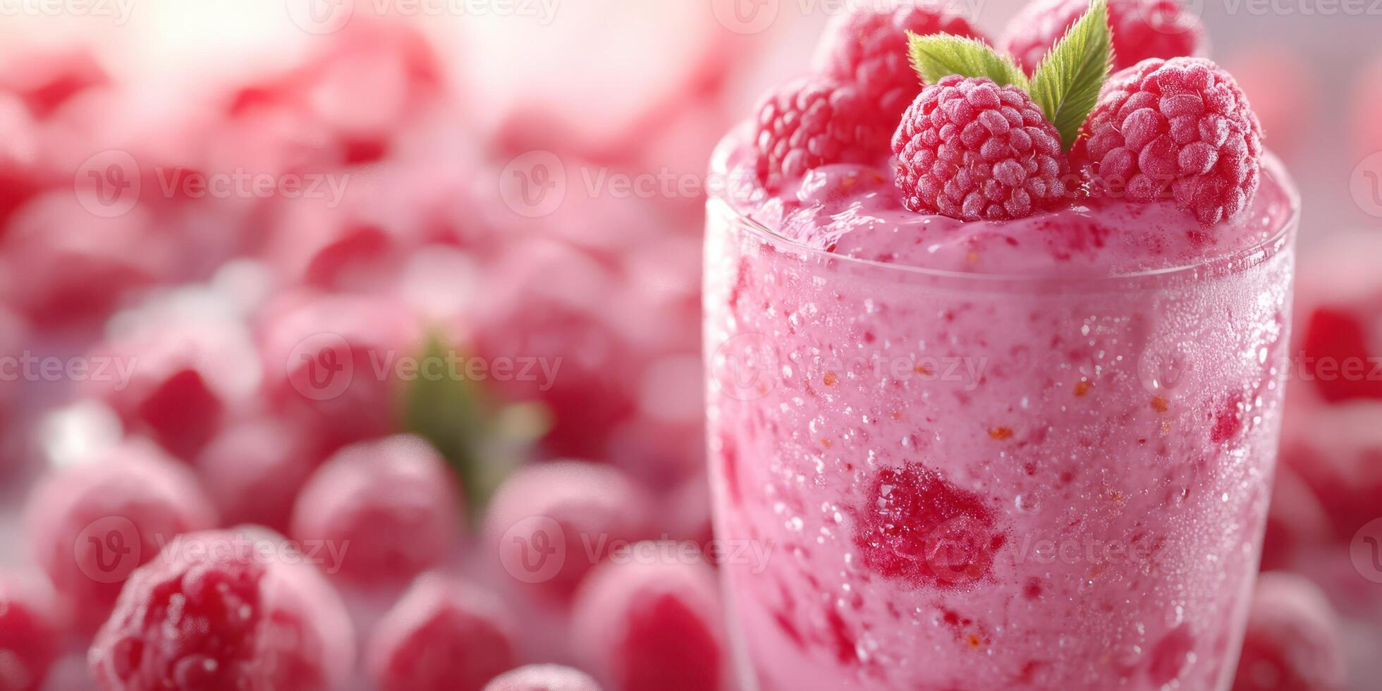 Raspberry smoothie prepared with fresh berries and mint, served in a clear glass during a sunny day photo