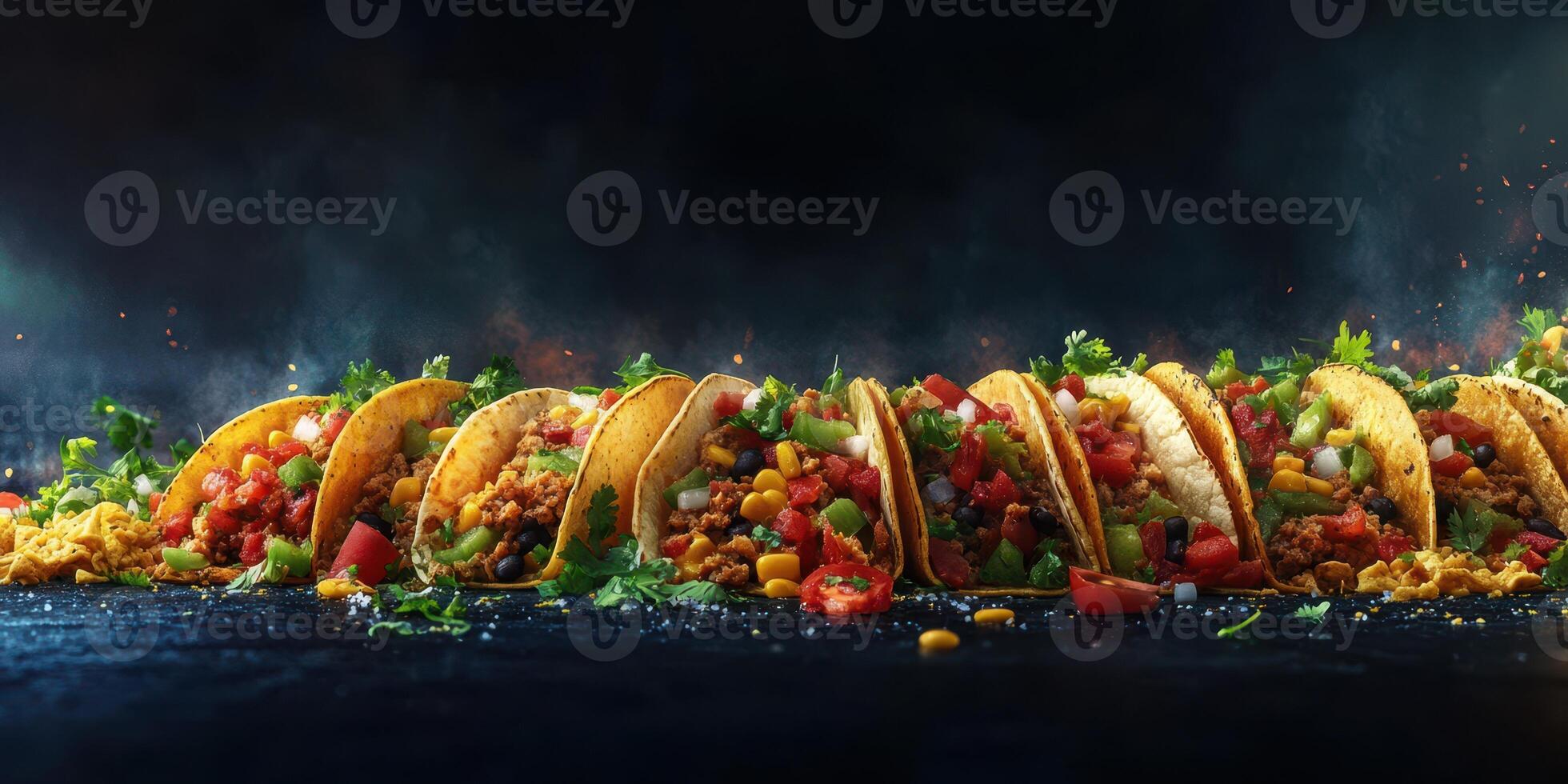 Tacos filled with vibrant ingredients arranged beautifully on a dark surface with a smoky backdrop photo