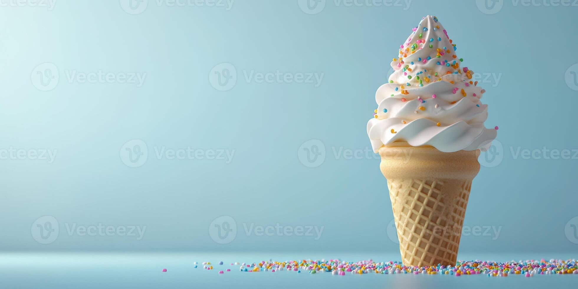 Delightful ice cream cone topped with whipped cream and colorful sprinkles on a light blue background photo