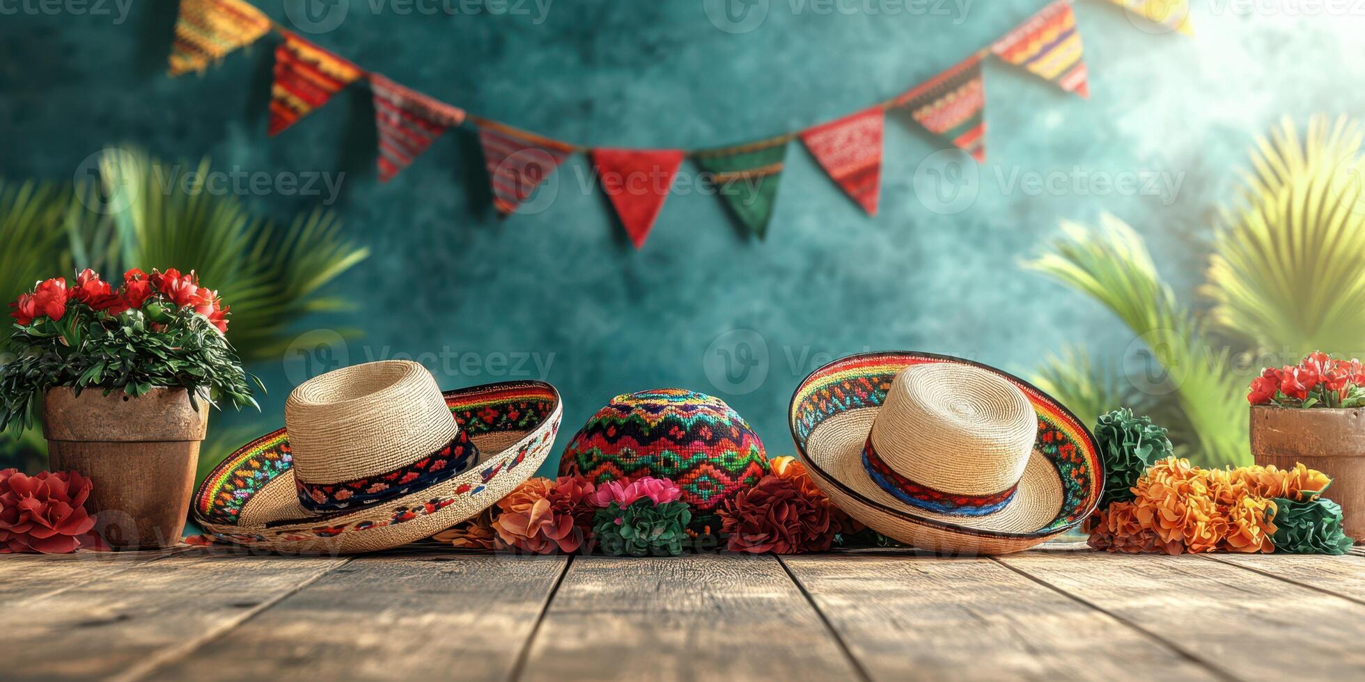 Colorful sombreros and vibrant decorations create a festive atmosphere in a sunny setting photo