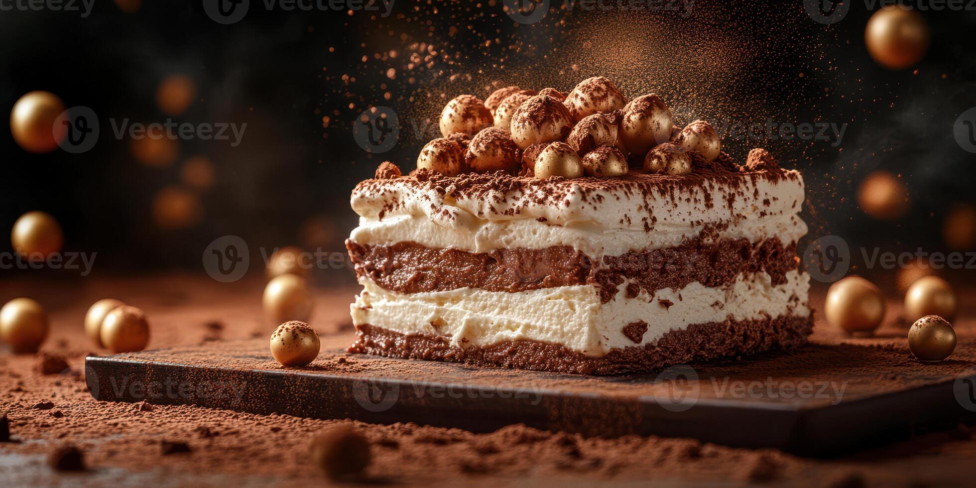 Delicious dessert served on a wooden board with chocolate and cream, garnished with cocoa and golden chocolate balls photo