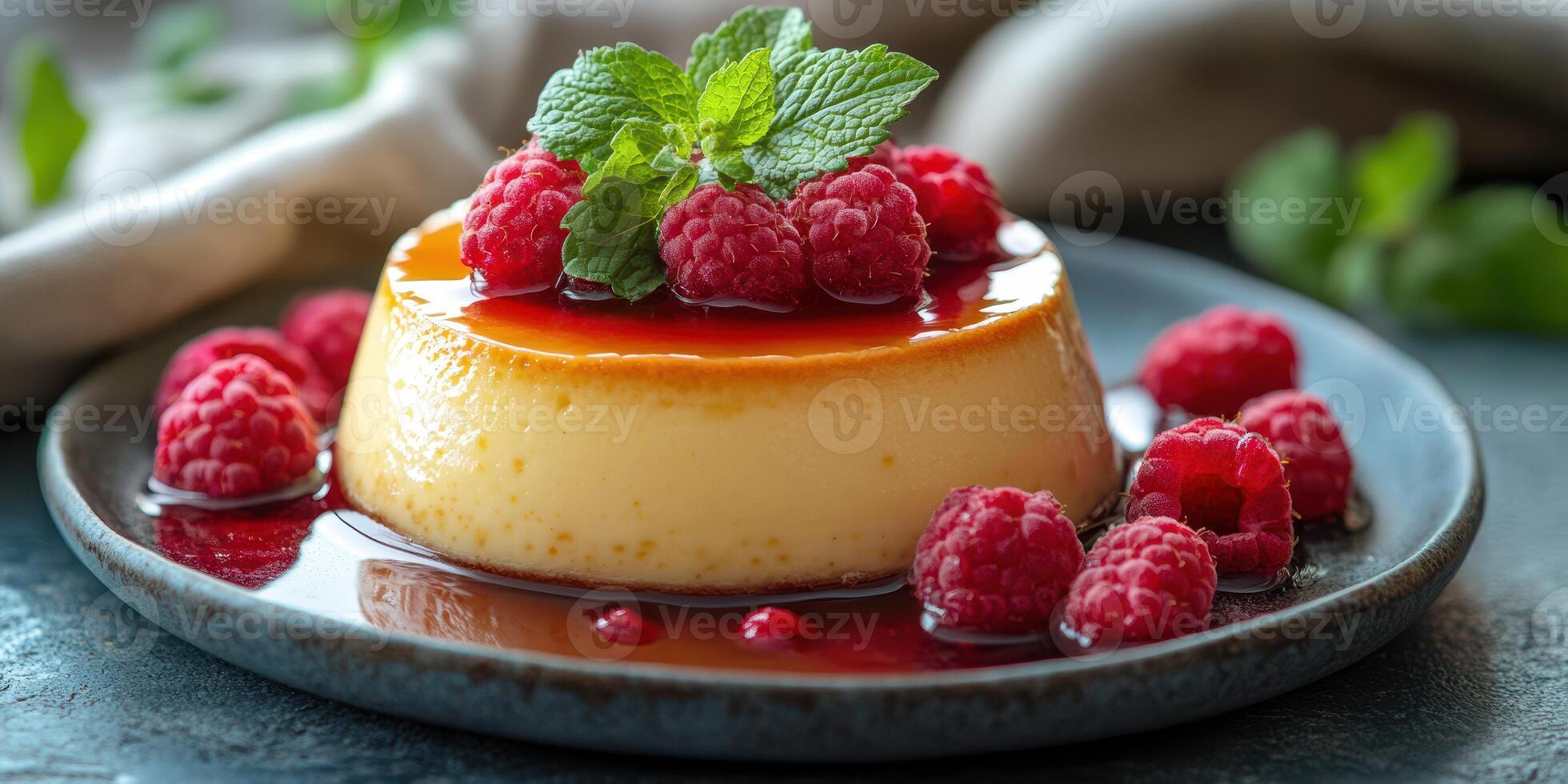 Deliciously creamy flan topped with fresh raspberries and mint on a dark plate photo