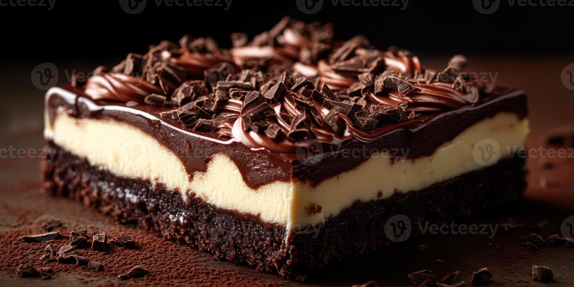 Indulgent chocolate dessert layered with creamy filling and topped with chocolate shavings photo