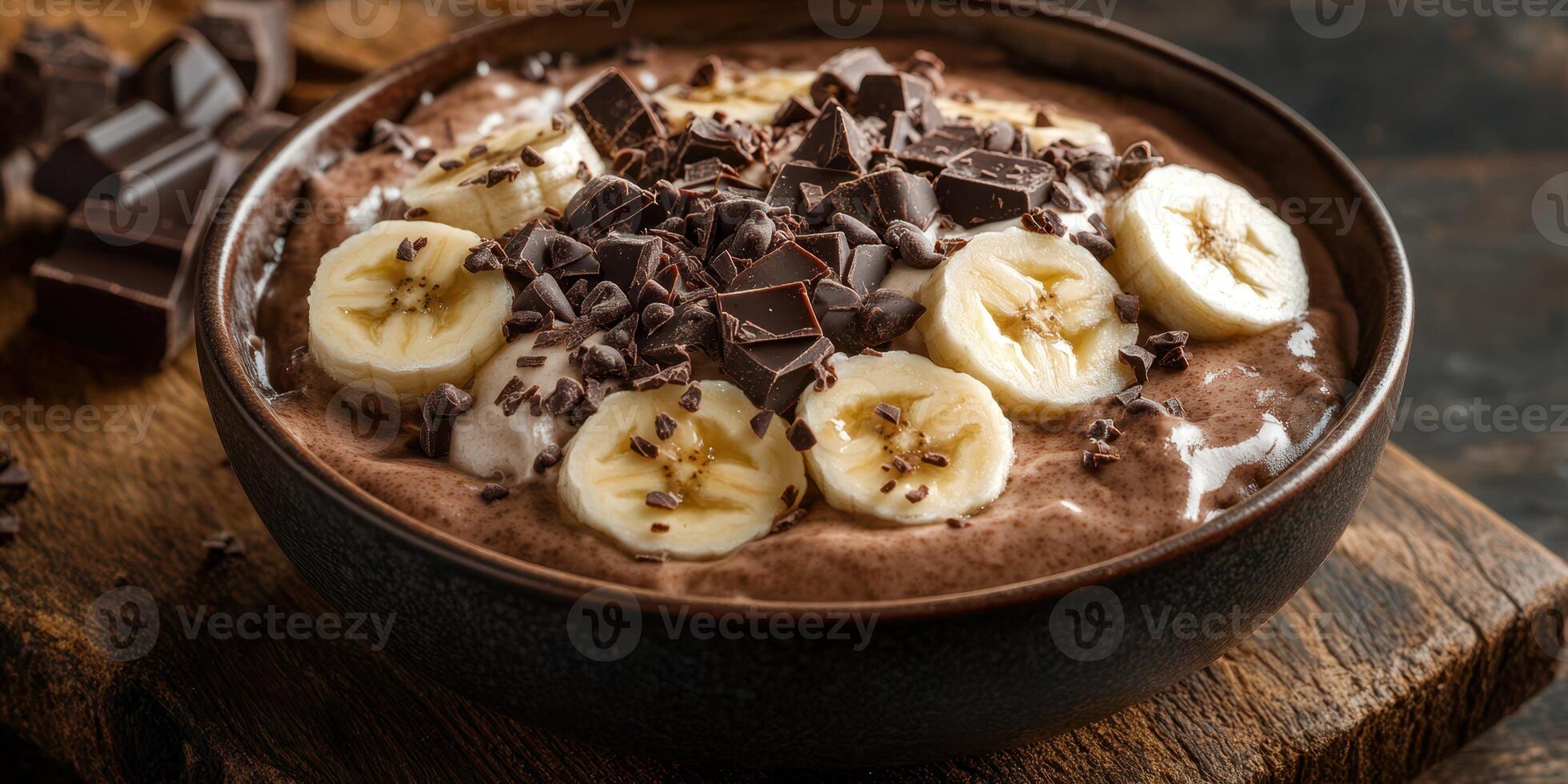 Delicious chocolate banana smoothie bowl topped with dark chocolate and fresh banana slices in a rustic setting photo