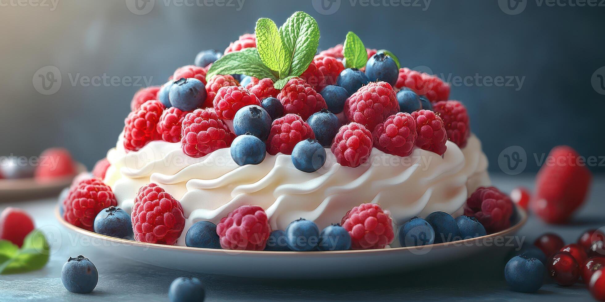 Delicious dessert featuring a cream-based cake topped with fresh raspberries and blueberries arranged beautifully photo