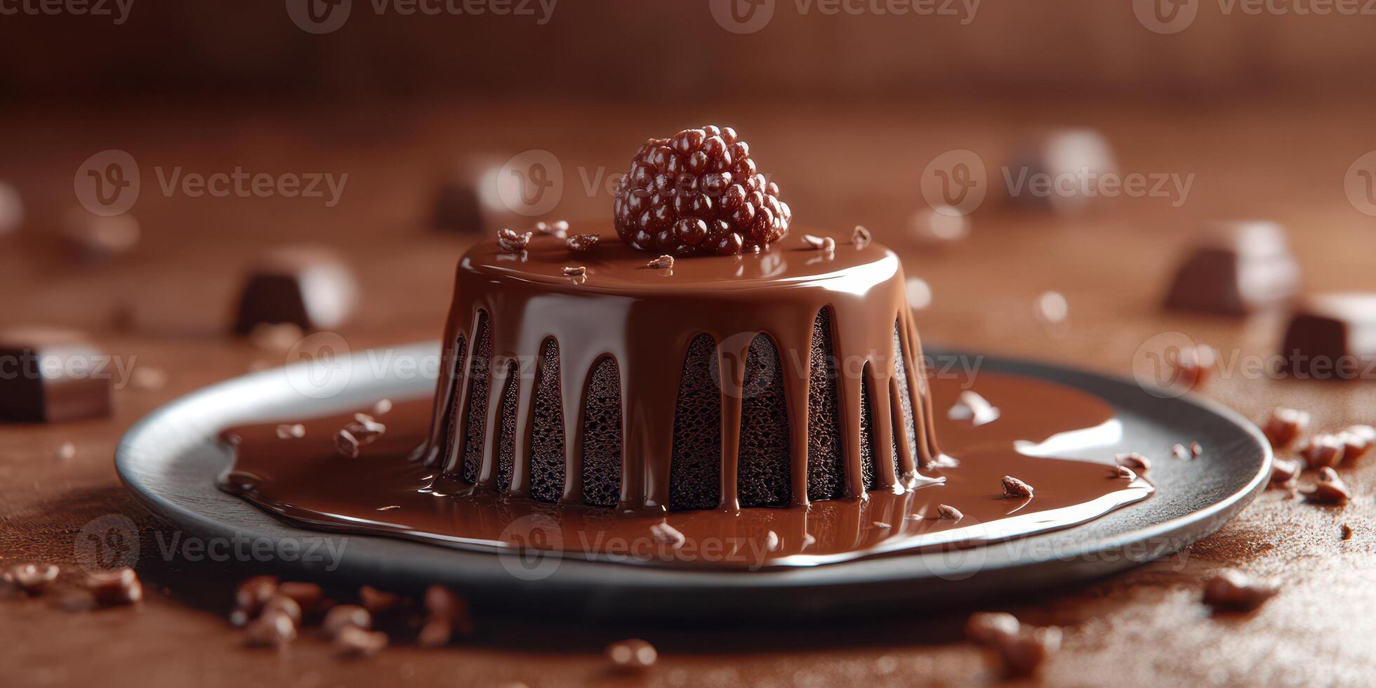 Delicious chocolate dessert with raspberry topping served on a dark plate in a warm setting photo