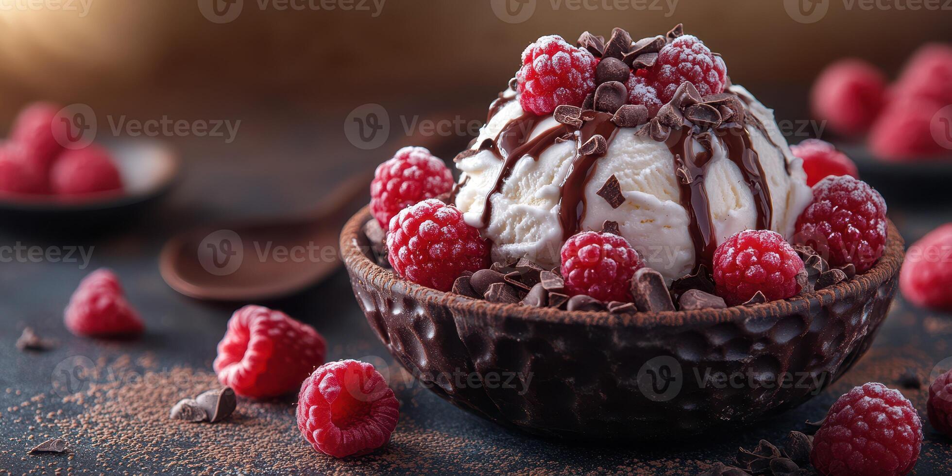 Indulgent dessert featuring scoops of ice cream topped with raspberries and chocolate drizzle in an elegant bowl photo