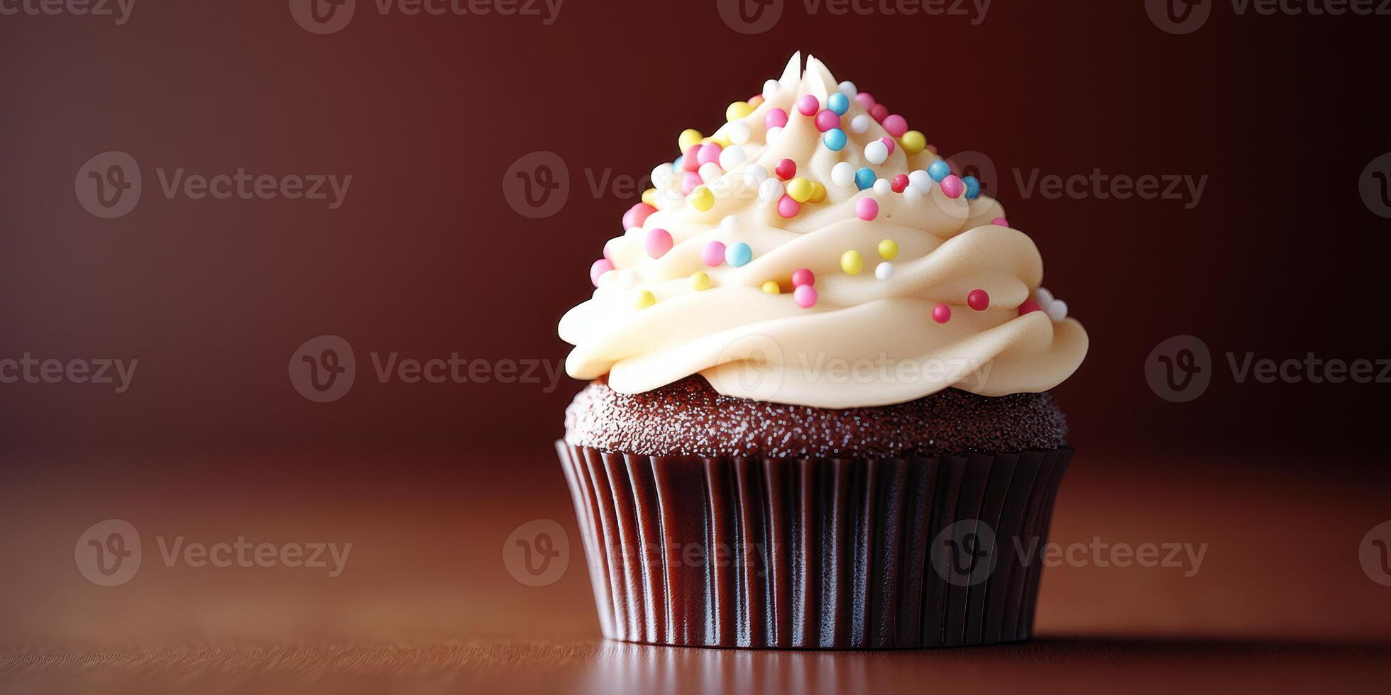 Delicious chocolate cupcake topped with creamy frosting and colorful sprinkles sitting on a wooden surface in a warm setting photo