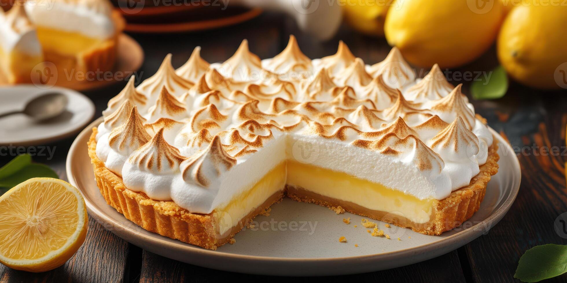 Lemon meringue pie with golden peaks served on a wooden table surrounded by fresh lemons photo