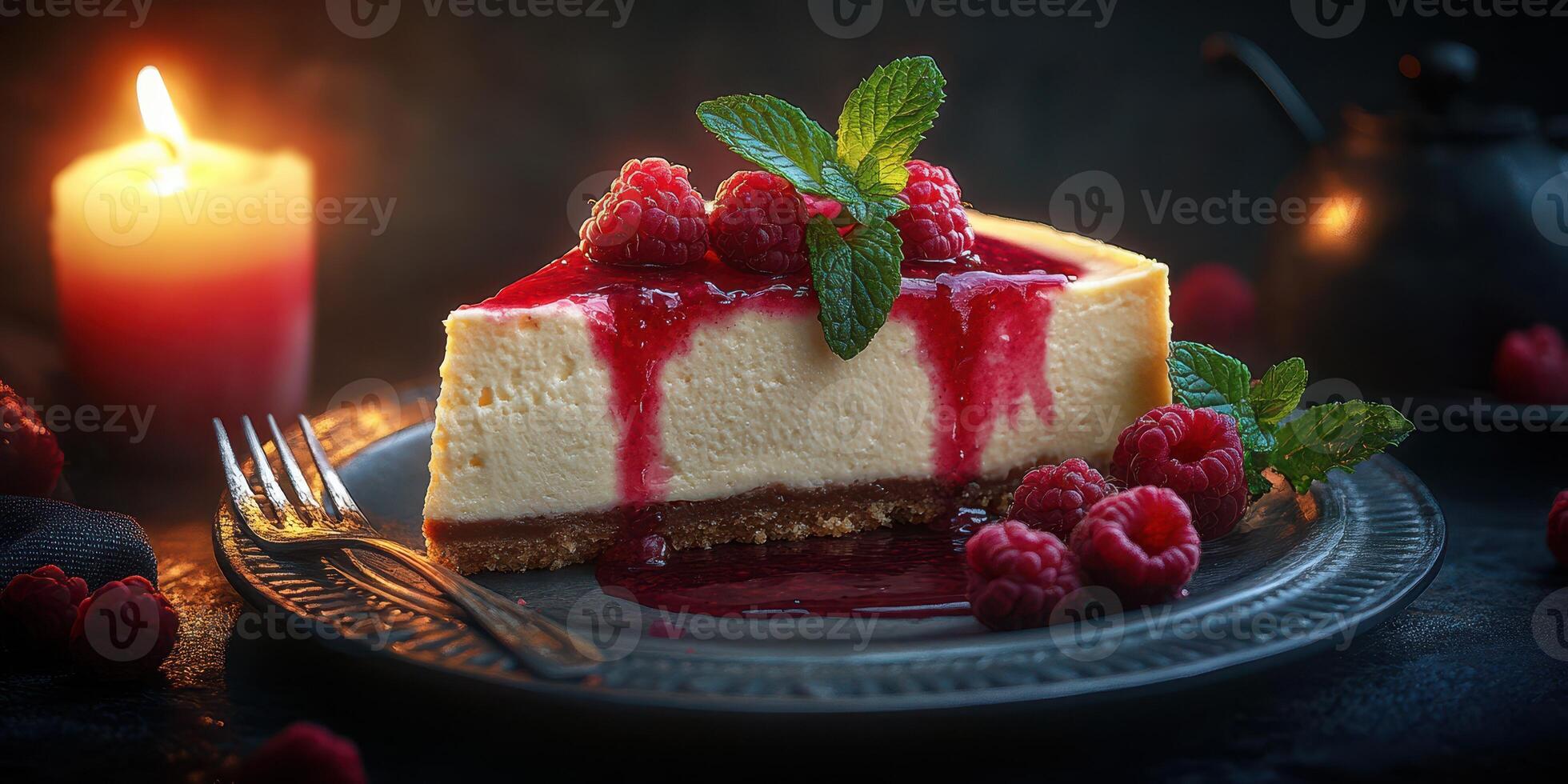 Delightful raspberry cheesecake served on a dark plate with a candle in the background during an evening gathering photo