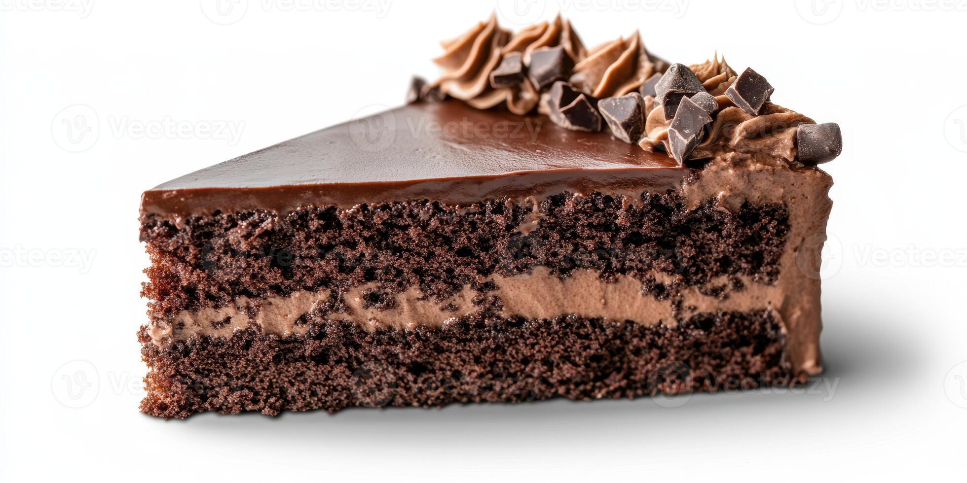 Chocolate layer cake slice decorated with frosting and chocolate chips on a white background photo