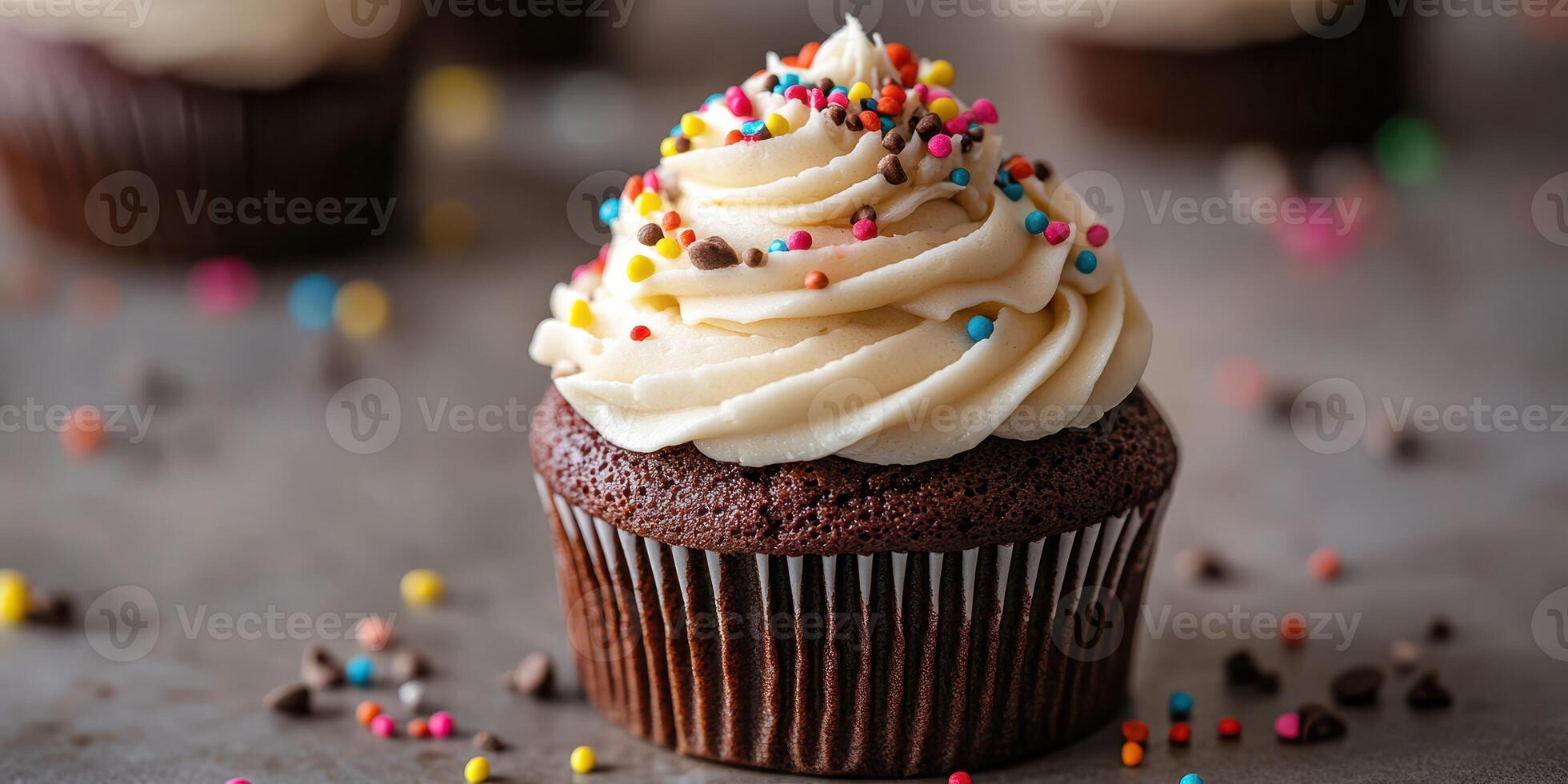 Chocolate cupcake topped with creamy frosting and colorful sprinkles on a rustic table photo