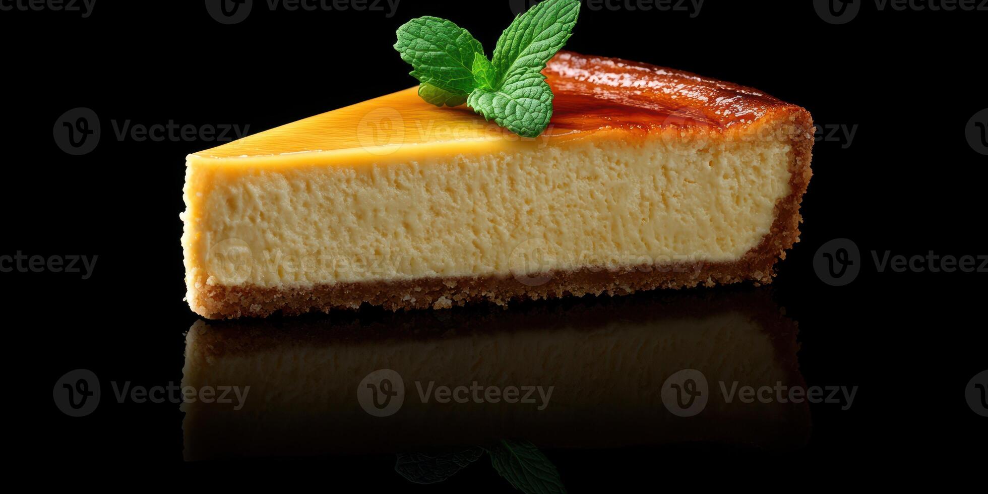 Delicious slice of creamy cheesecake garnished with fresh mint on a reflective surface photo