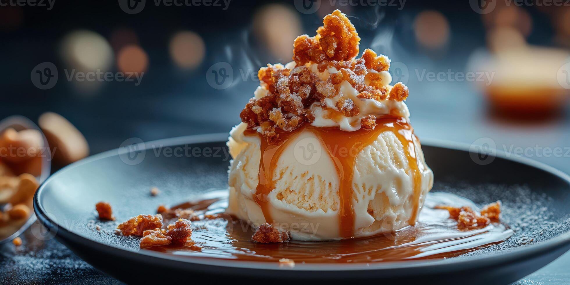 Delicious dessert featuring caramel sauce and crunchy toppings served in an elegant setting at a cozy restaurant photo