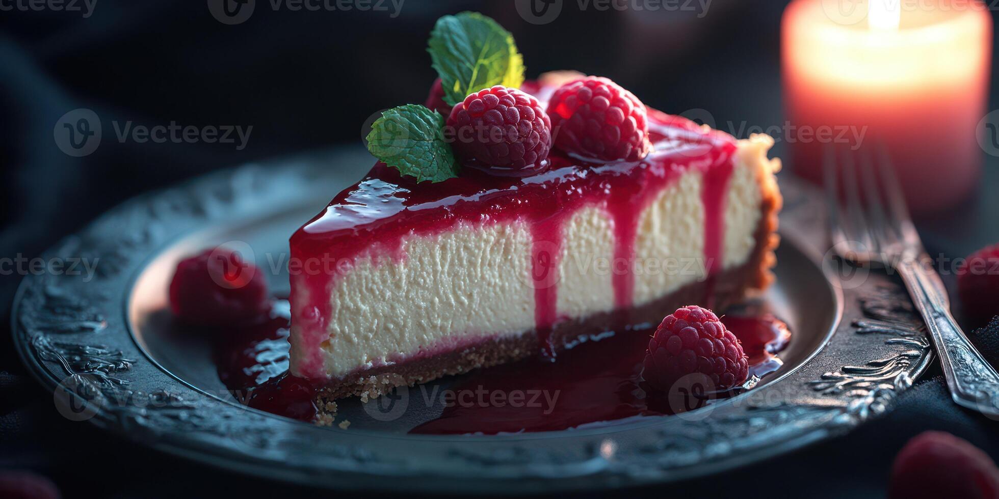 Delicious raspberry cheesecake on a silver plate next to a flickering candle in a cozy dining atmosphere photo
