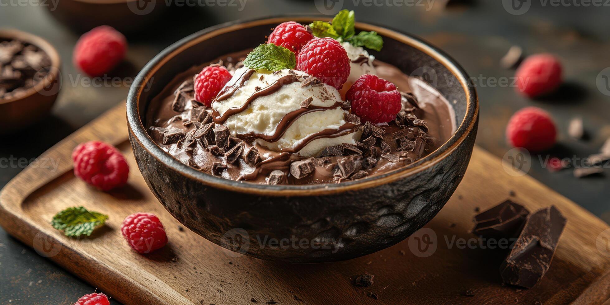 Indulgent chocolate dessert topped with raspberries and whipped cream served in a rustic bowl on a wooden board photo