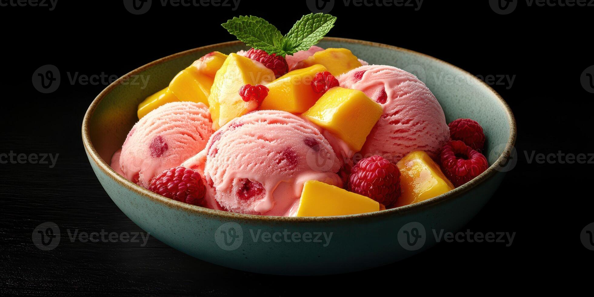 Refreshing summer dessert featuring raspberry and mango ice cream with fresh fruit in a bowl photo