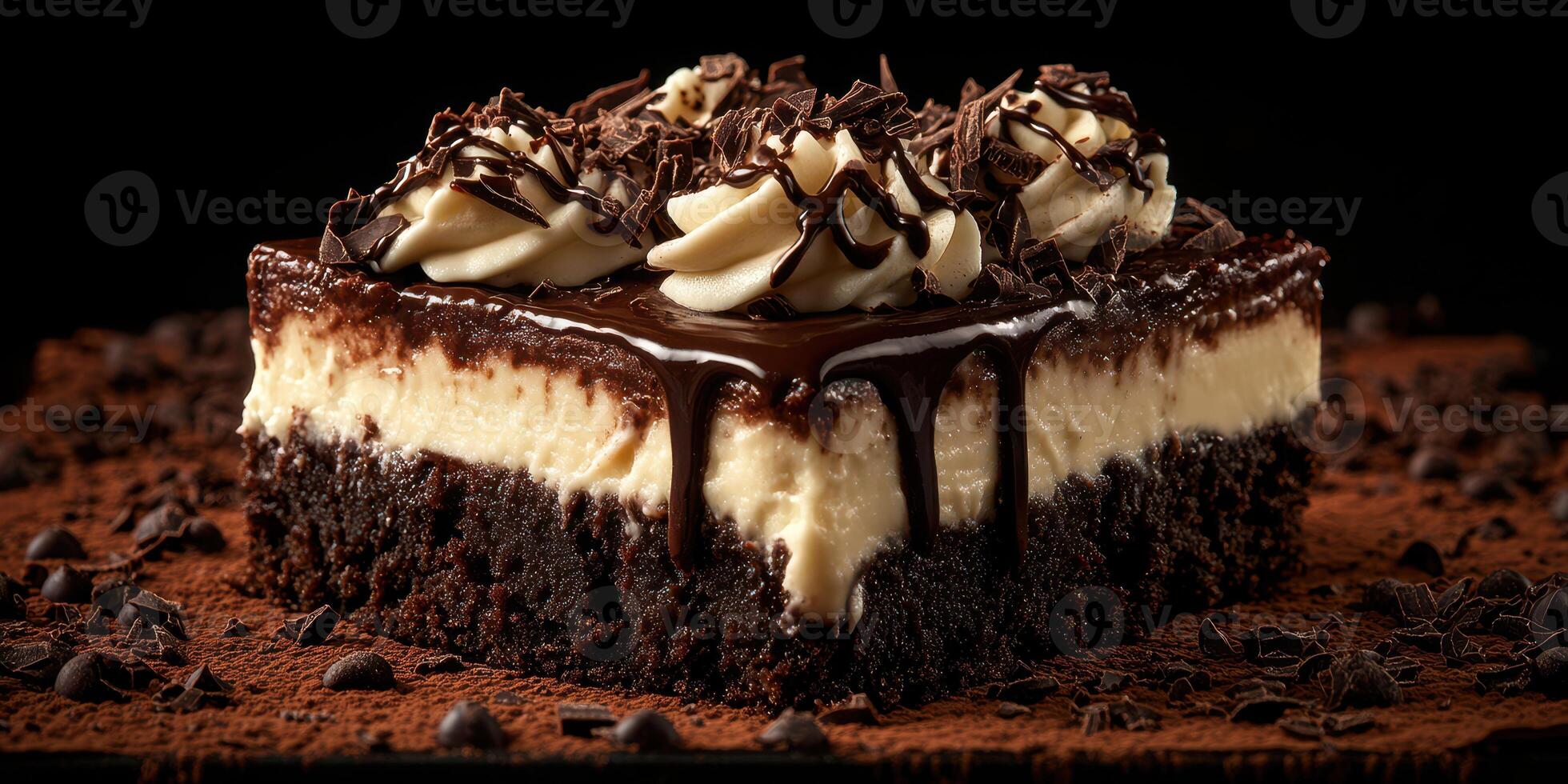Decadent chocolate dessert topped with creamy frosting and chocolate shavings on a dark background photo