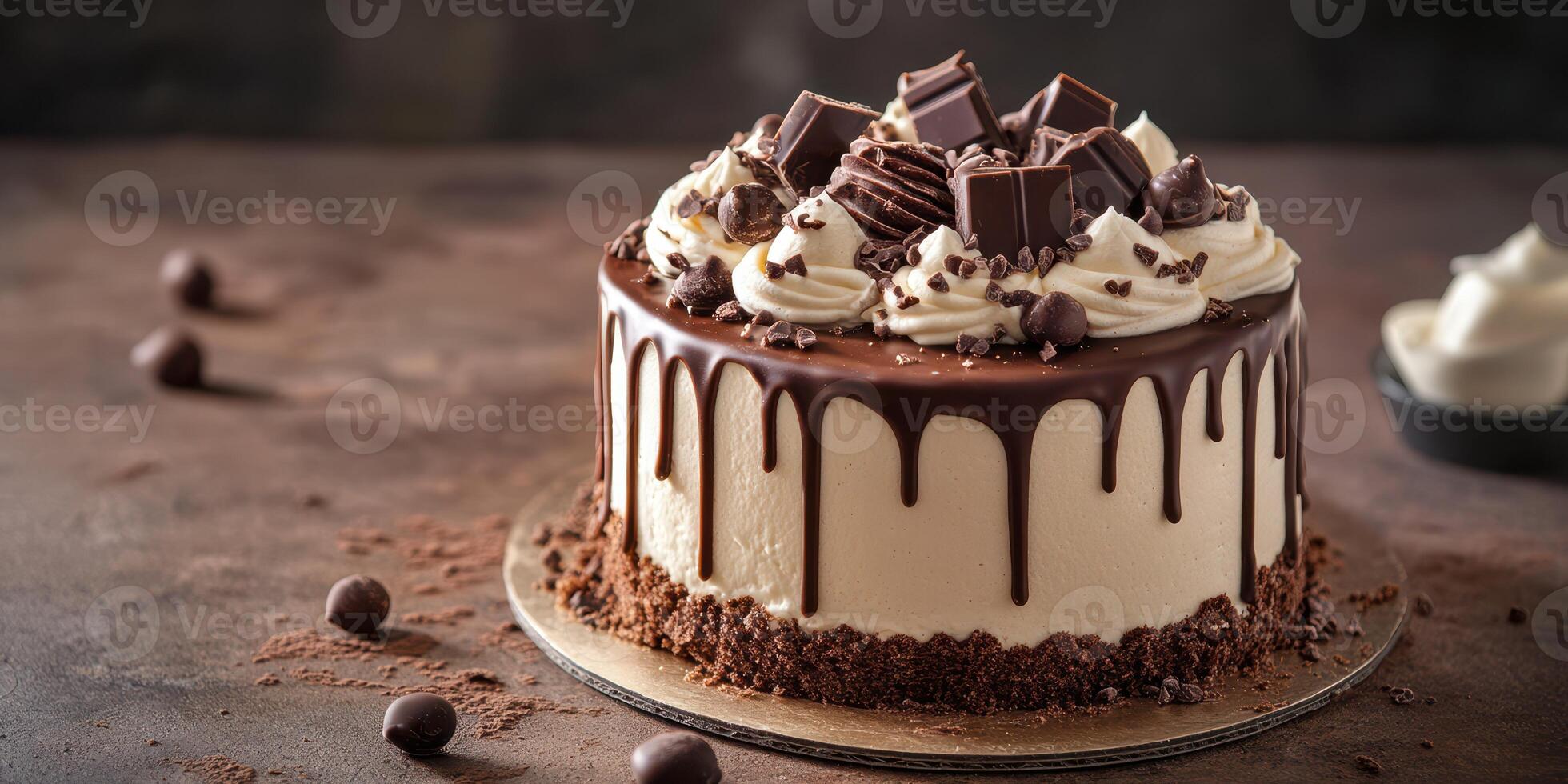 Indulgent chocolate cake with rich frosting and toppings displayed on a rustic surface photo