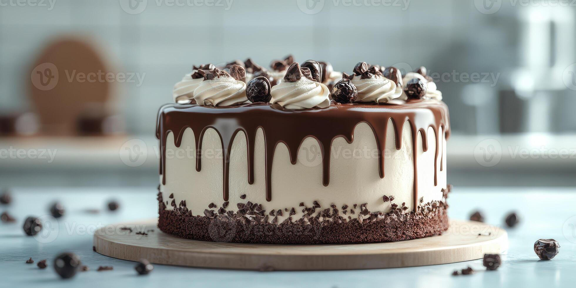 Delicious chocolate cake with creamy frosting and decorative toppings in a modern kitchen setting photo