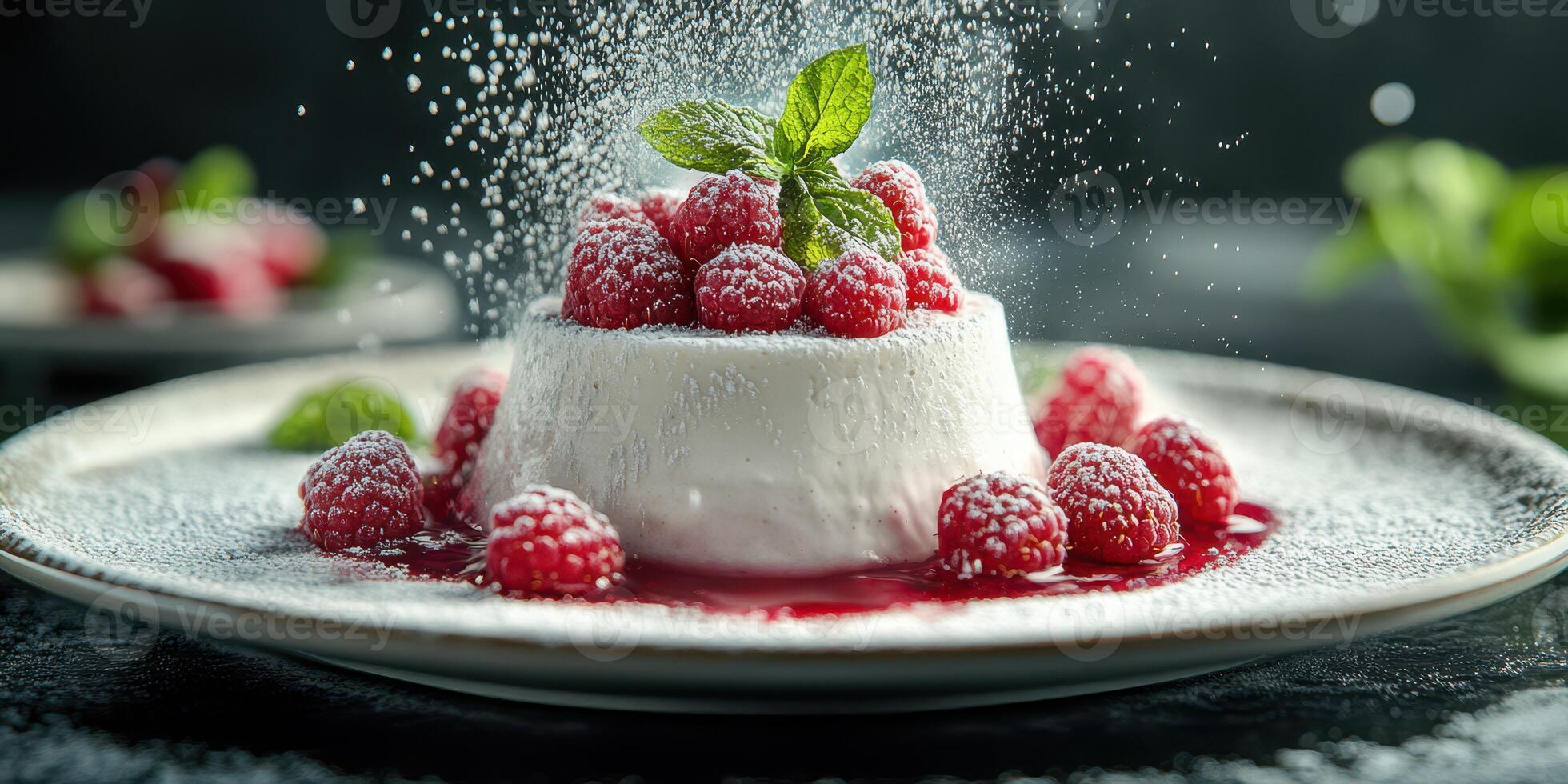 Delicious dessert with raspberries and mint served on a plate with powdered sugar in a soft focus setting photo