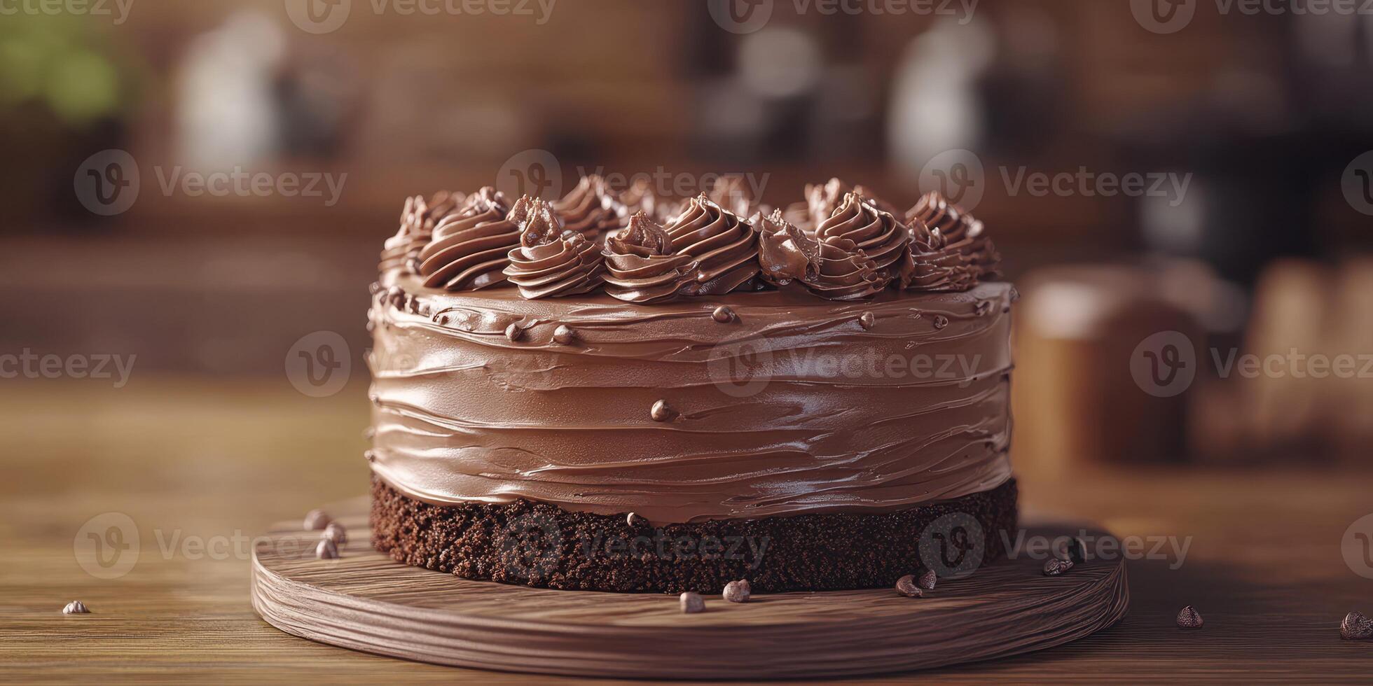 Chocolate cake decorated with swirls of frosting on a wooden table in a cozy kitchen setting photo