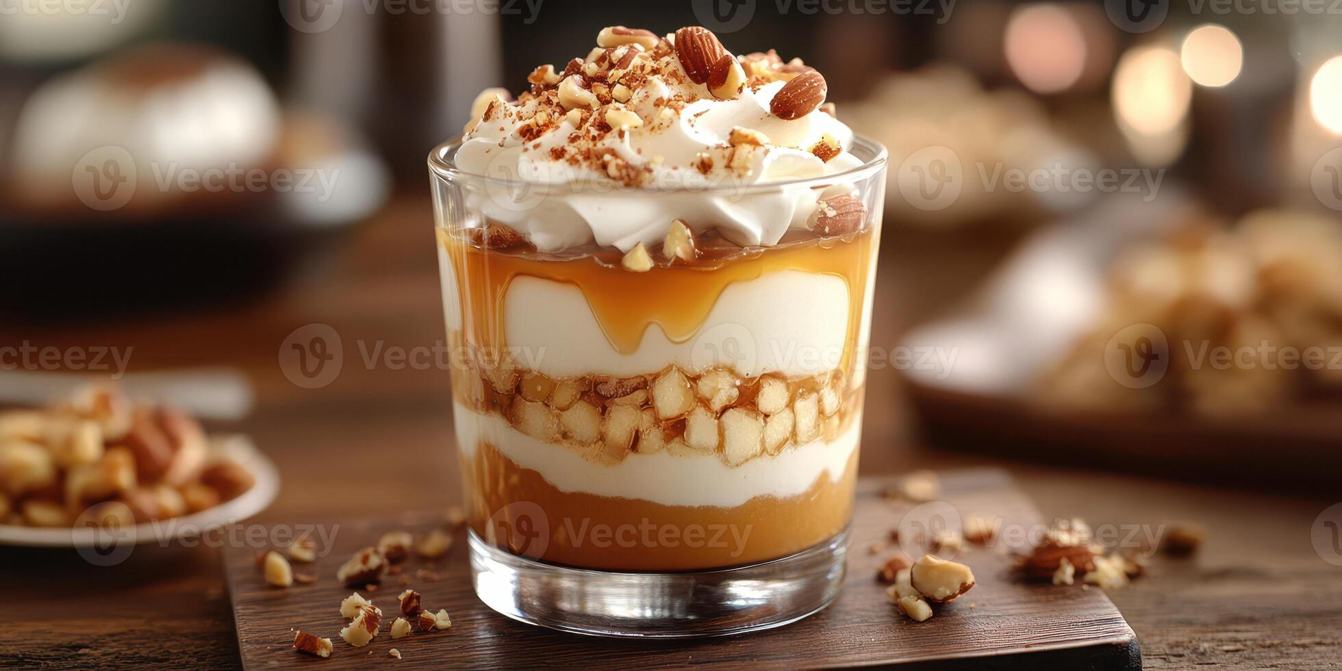Delicious layered dessert with cream, nuts, and caramel sauce enjoyed in a cozy, rustic setting during the autumn season photo