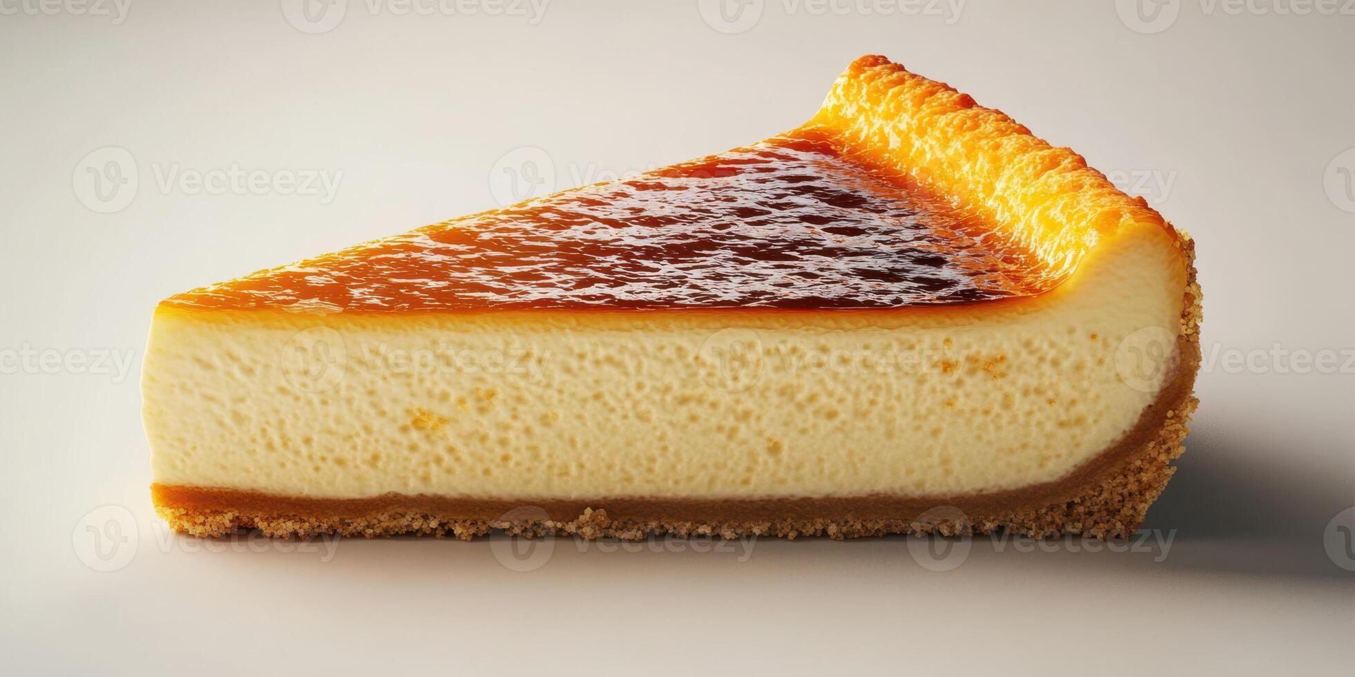 Delicious slice of creamy cheesecake with a golden caramel top on a light background photo