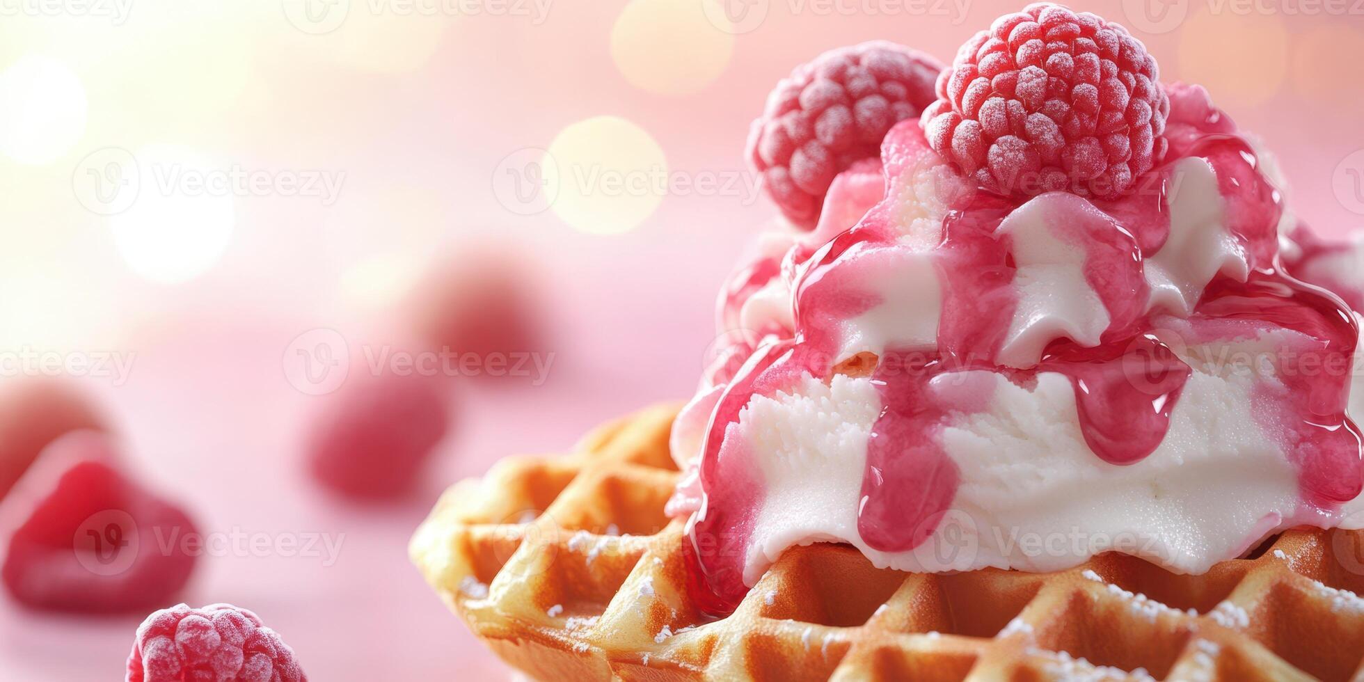 Delicious waffle topped with whipped cream, fresh raspberries, and sweet sauce in a cozy setting photo