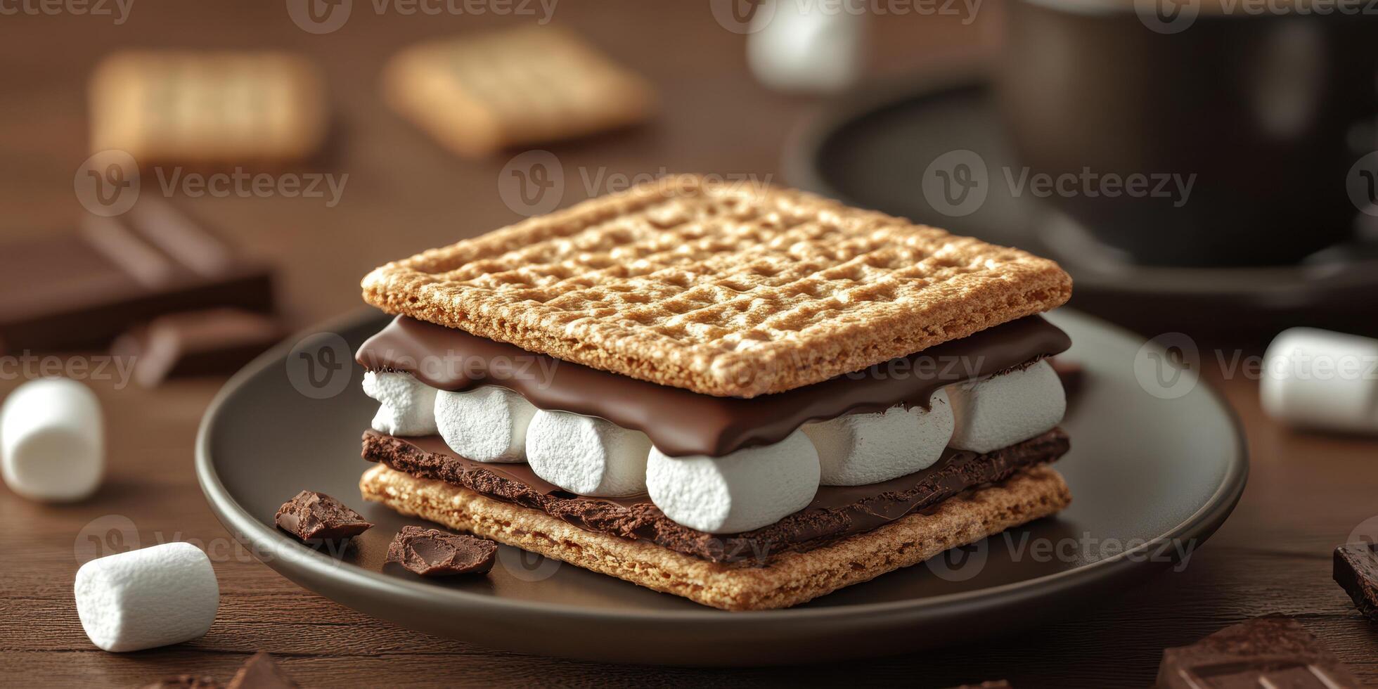 Delicious s'mores dessert featuring layers of chocolate and marshmallows on a wooden table photo