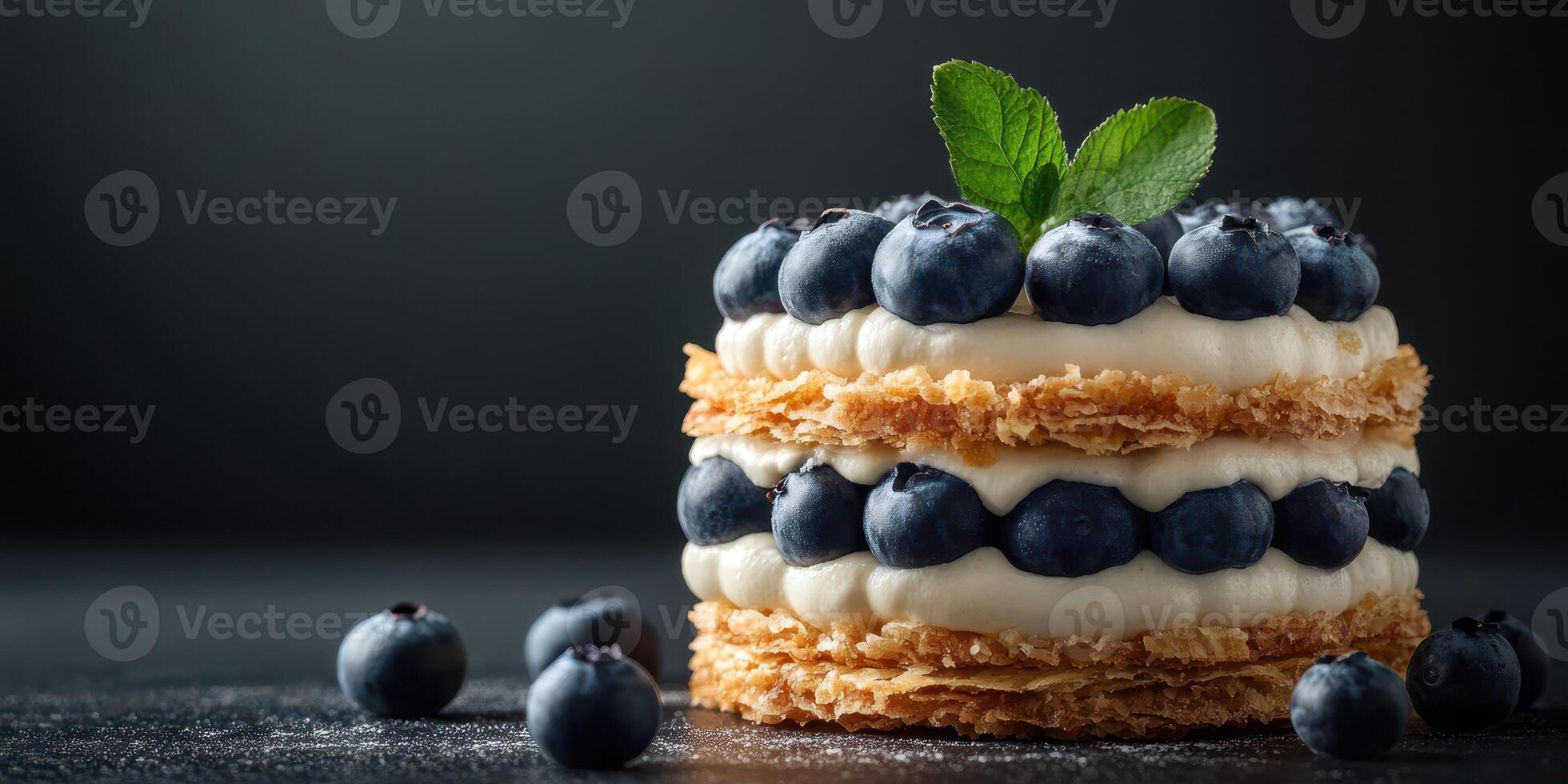 Delicious layers of pastry and cream topped with fresh blueberries and mint leaf create a tempting dessert photo