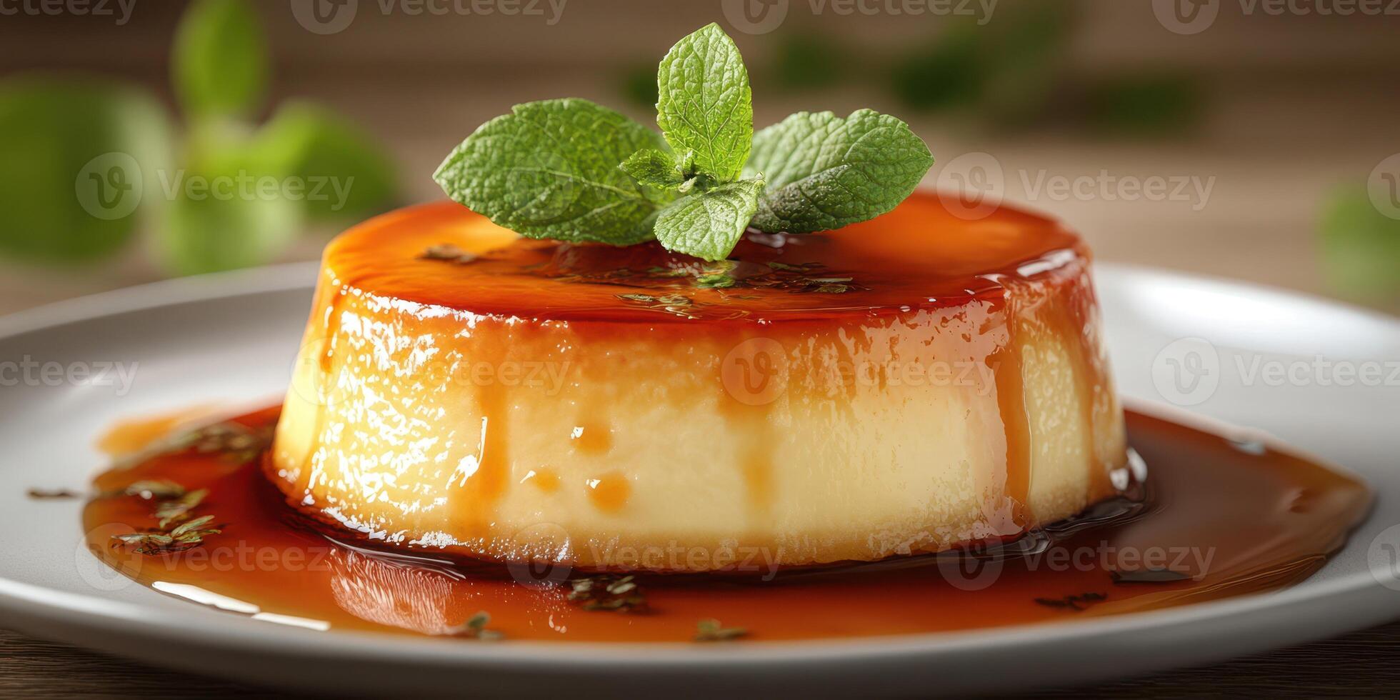 Delicious dessert flan with caramel sauce and mint garnish served on a white plate photo