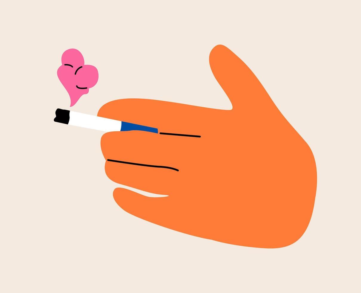 Smoker hand holding lit cigarette with smoke. Colorful illustration vector