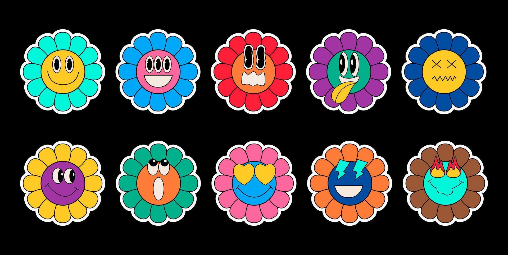 Cartoon daisy stickers collection. Set of trendy cute funny patches. vector