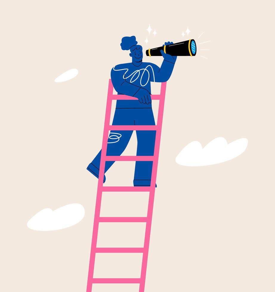 Woman looks far for new business with binocular. Colorful illustration vector