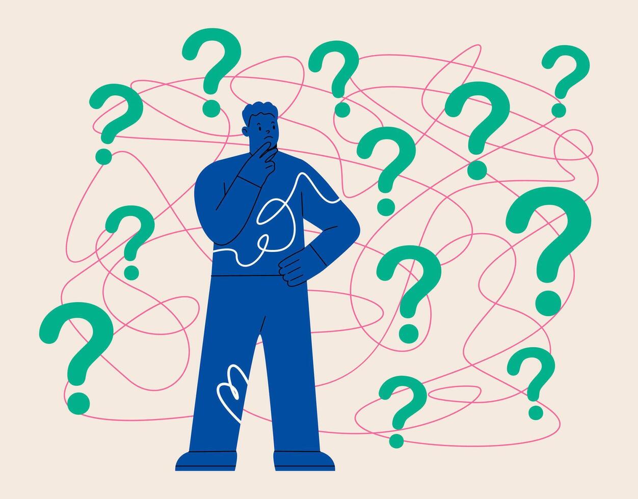 Pensive man standing and making decision. Questions dilemma and options confusion concept. Colorful illustration vector