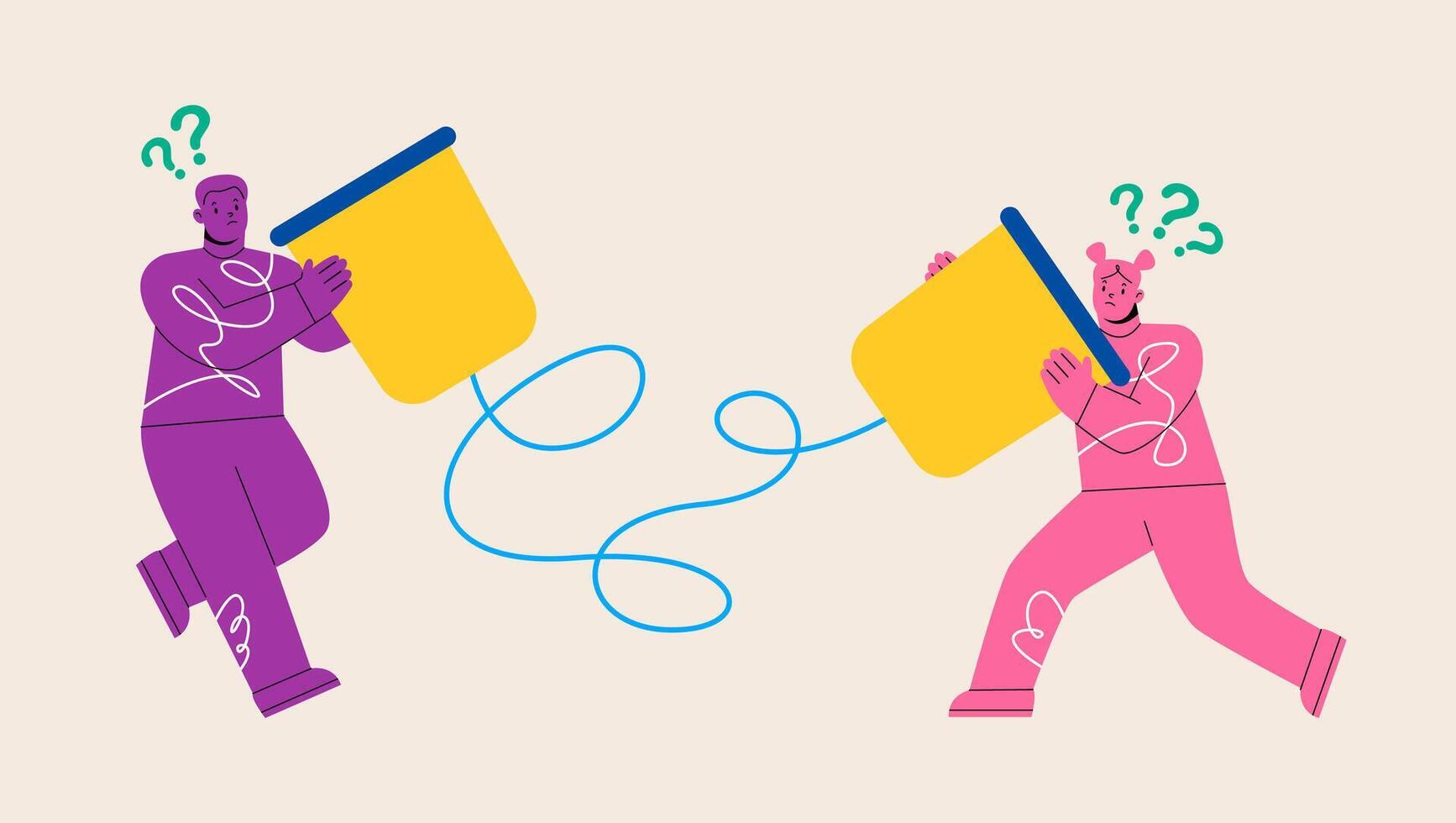 Man and woman trying to communicate with old technology. Miscommunication, tin can communication concept. Colorful illustration vector