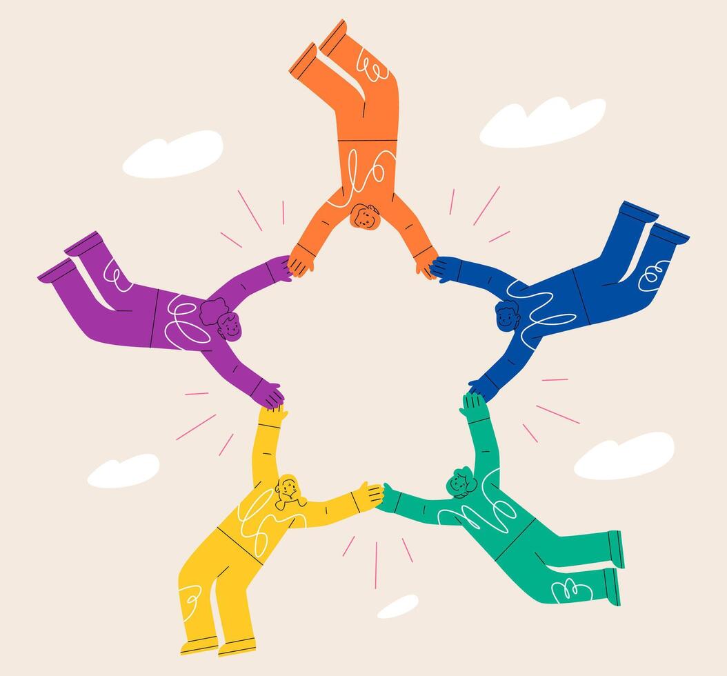 Group of young people together holding hands. Synchronization, team risk, help each other and trust concept. Colorful illustration vector