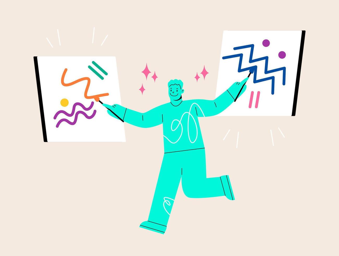 Happy man artist enjoy drawing. Art and hobby concept. Colorful illustration vector