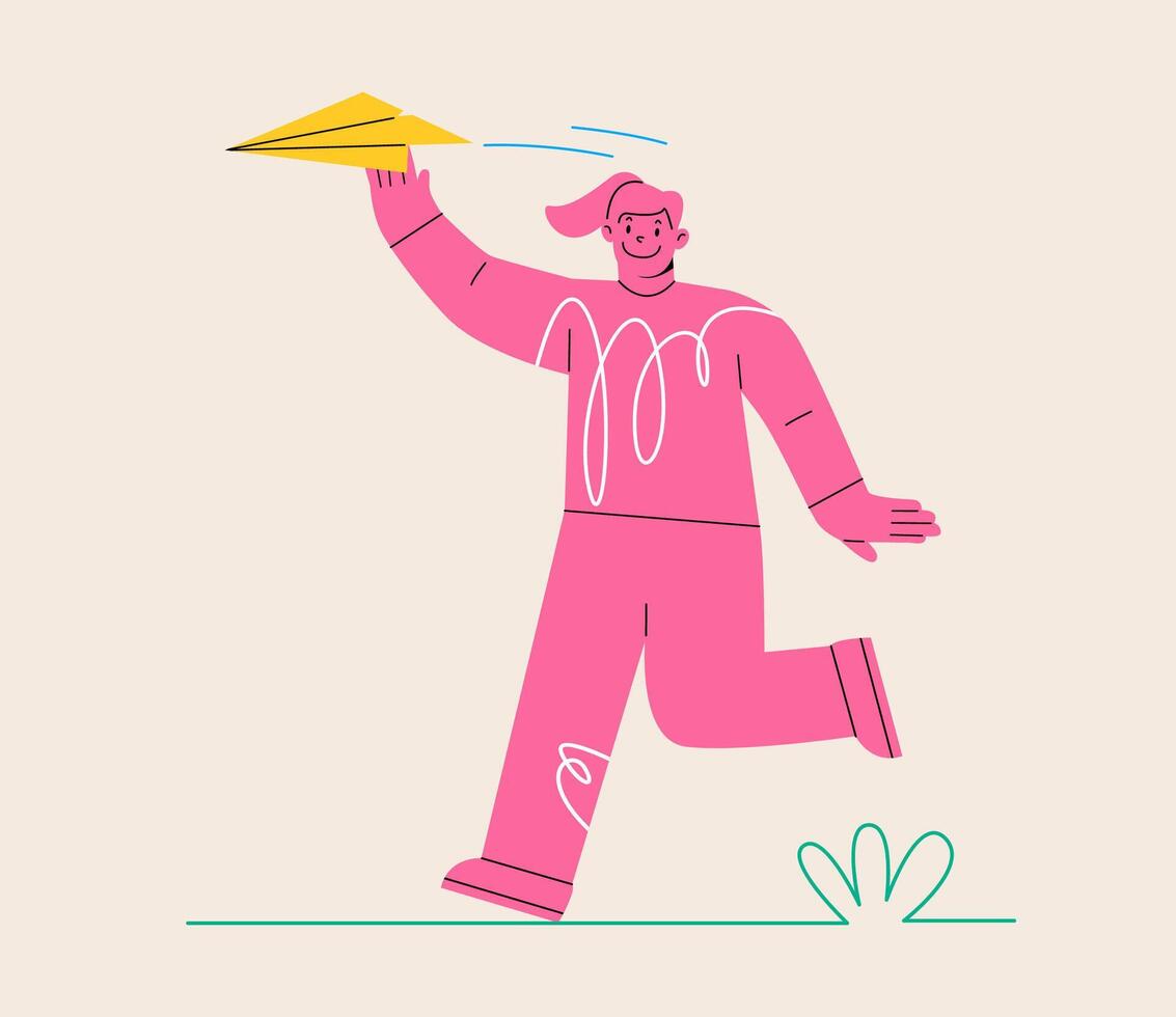 Woman throwing a paper airplane. Sending mail, communication, messaging, email concept. Colorful illustration vector