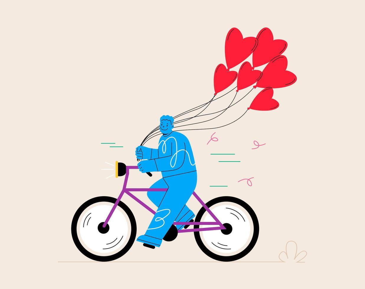 Man riding bicycle and holding red heart balloons. Happy Valentine's Day. Colorful illustration vector